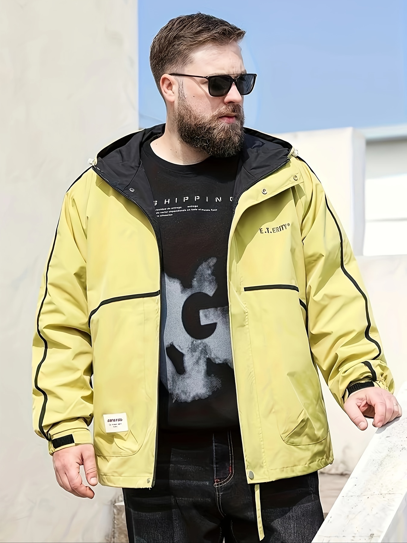 Men s Plus Size Casual Windbreaker Jacket, Hooded Coat With Functional Pockets And Zipper Closure, Loose Fit College Style details 0