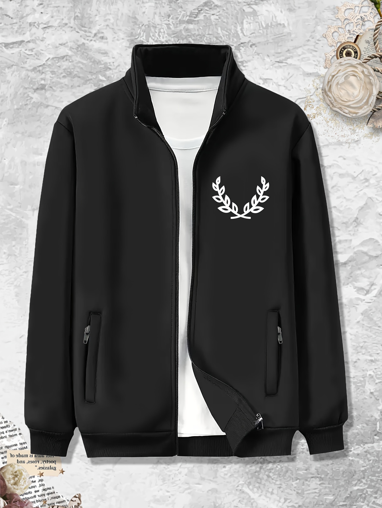 plus size olive leaves print mens solid zip up lapel jacket with side pockets comfy slightly stretch casual coats mens clothings details 12
