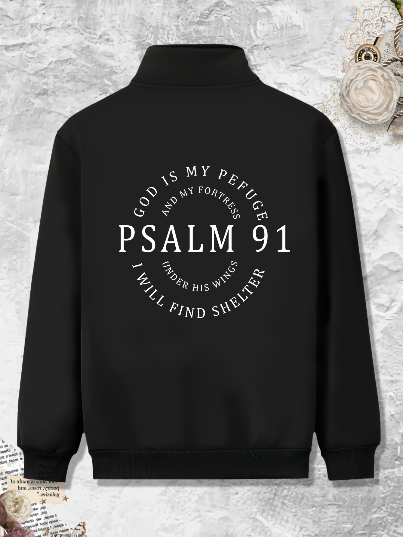 plus size mens casual bomber jacket psalm 91 print stand collar zipper pockets trendy college style outerwear details 10