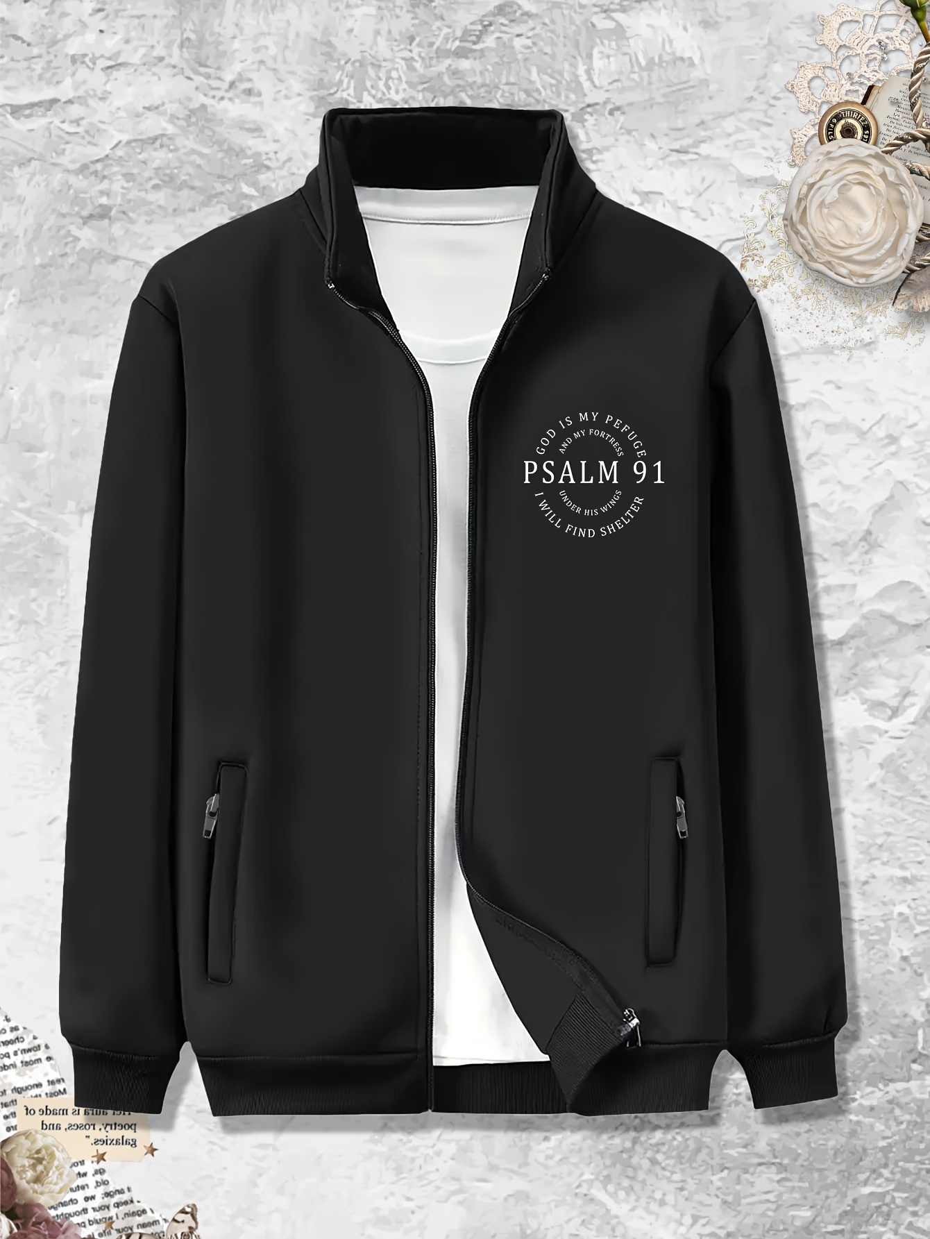 plus size mens casual bomber jacket psalm 91 print stand collar zipper pockets trendy college style outerwear details 12