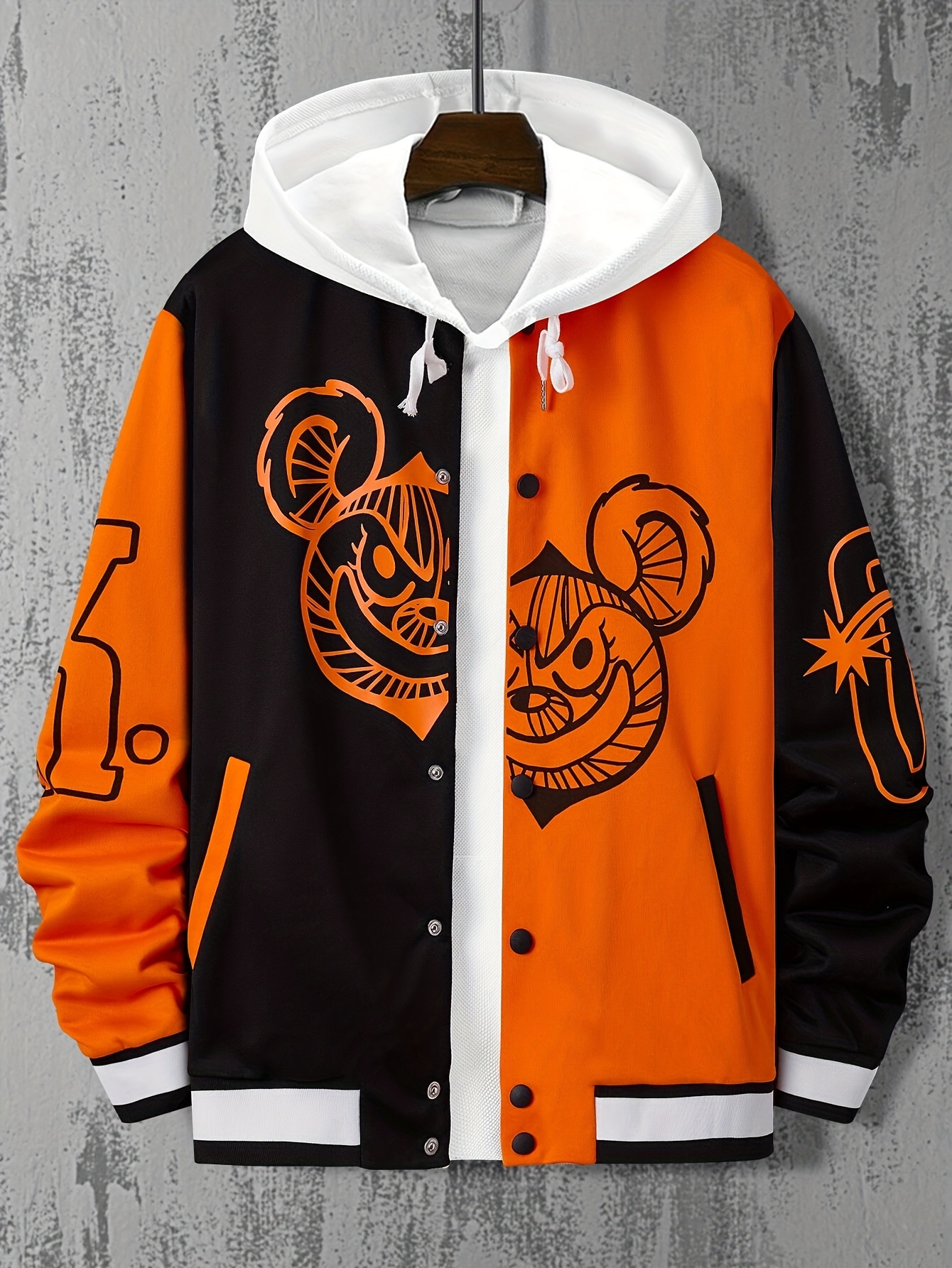plus size mens baseball jacket contrast color tops detached bear print band collar jacket for fall winter mens clothing details 0