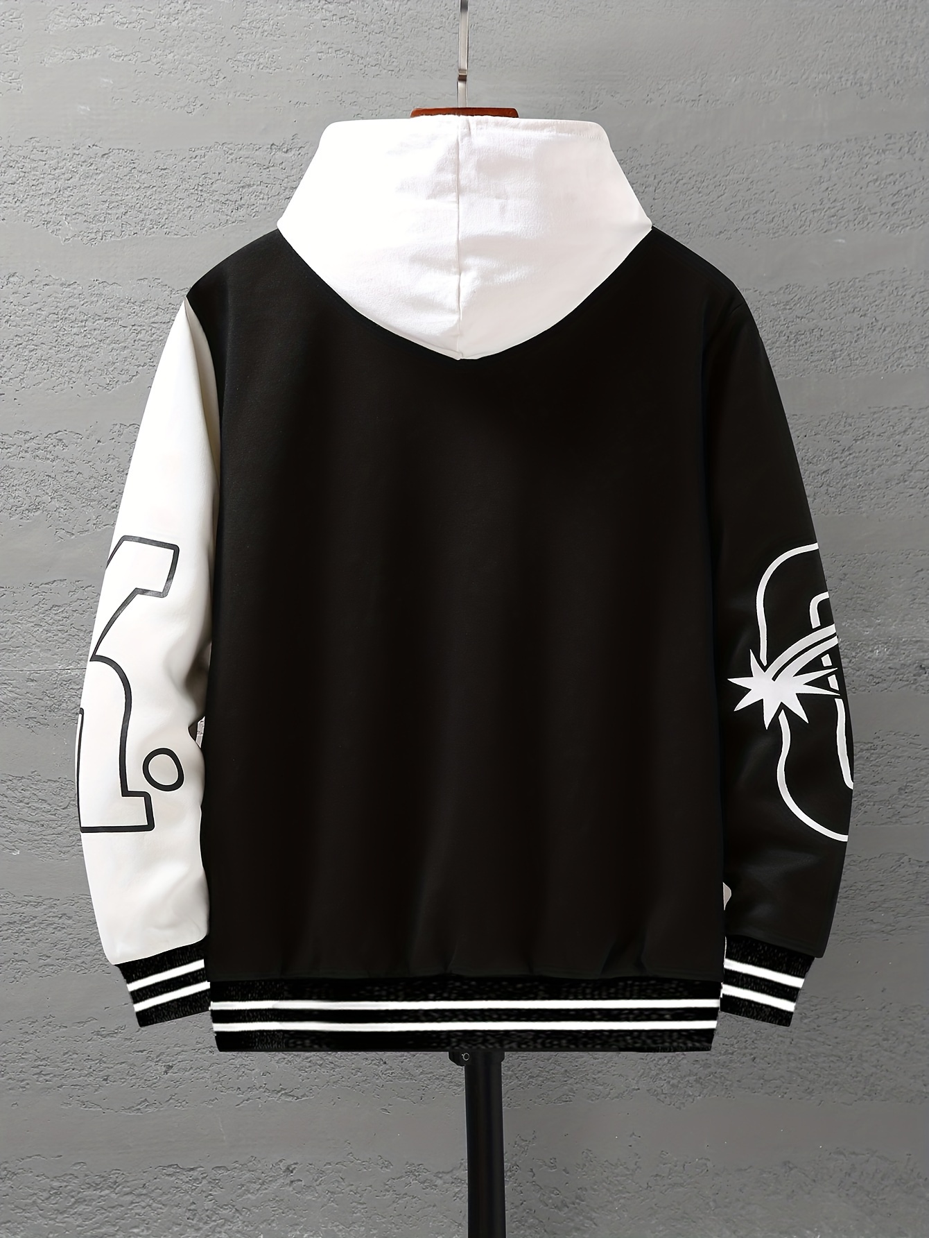 plus size mens baseball jacket contrast color tops detached bear print band collar jacket for fall winter mens clothing details 5