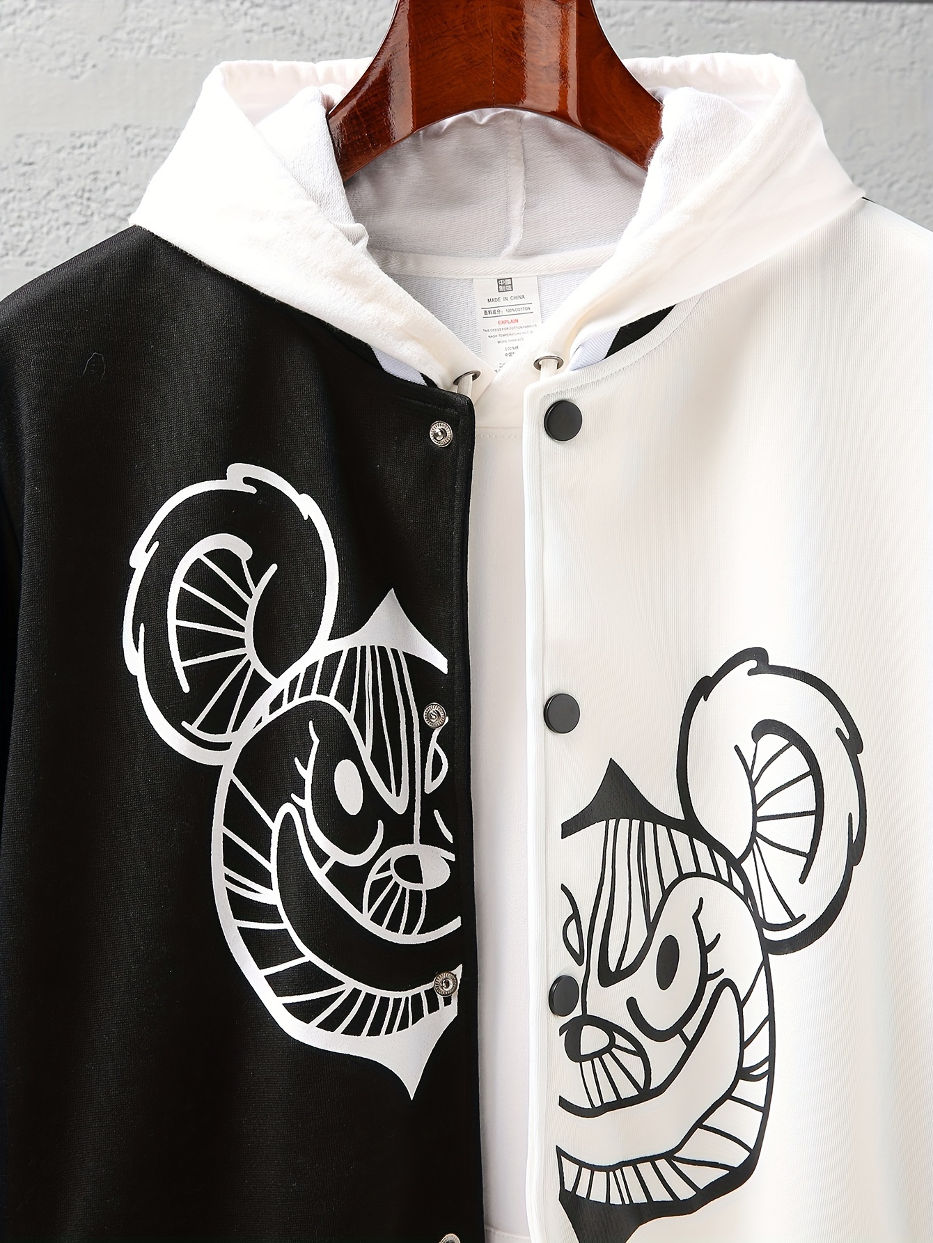 plus size mens baseball jacket contrast color tops detached bear print band collar jacket for fall winter mens clothing details 12