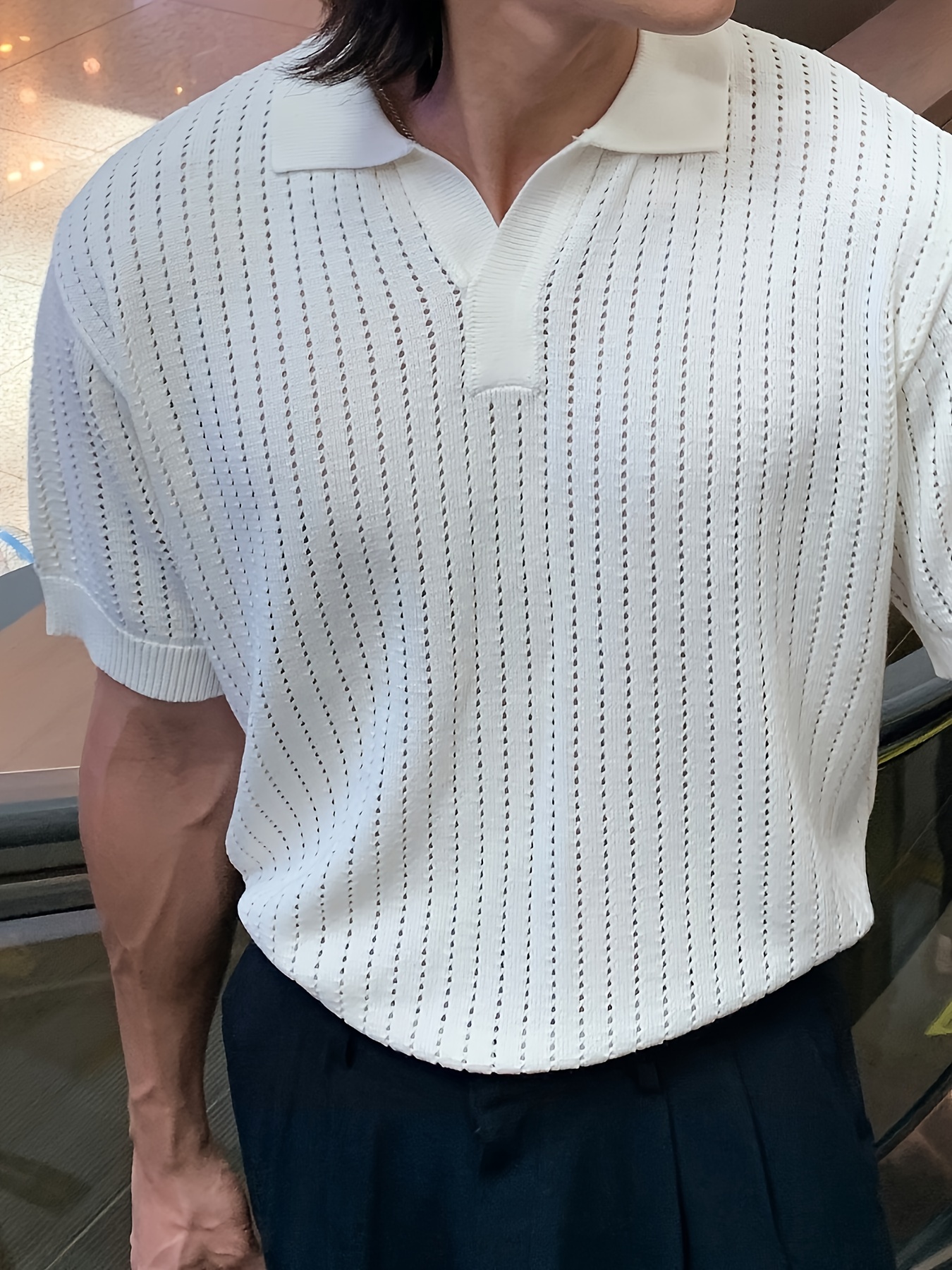 plus size mens solid knit golf shirt for summer fashion casual short sleeve shirt for males details 1