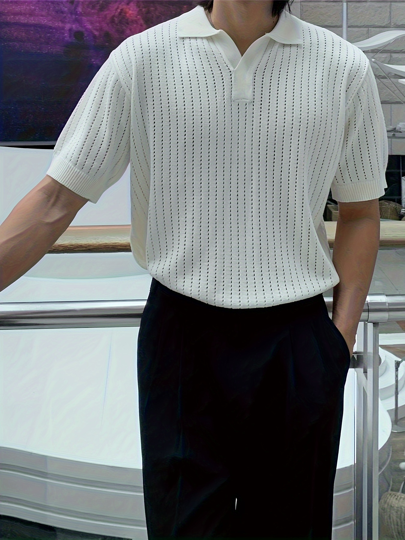 plus size mens solid knit golf shirt for summer fashion casual short sleeve shirt for males details 3