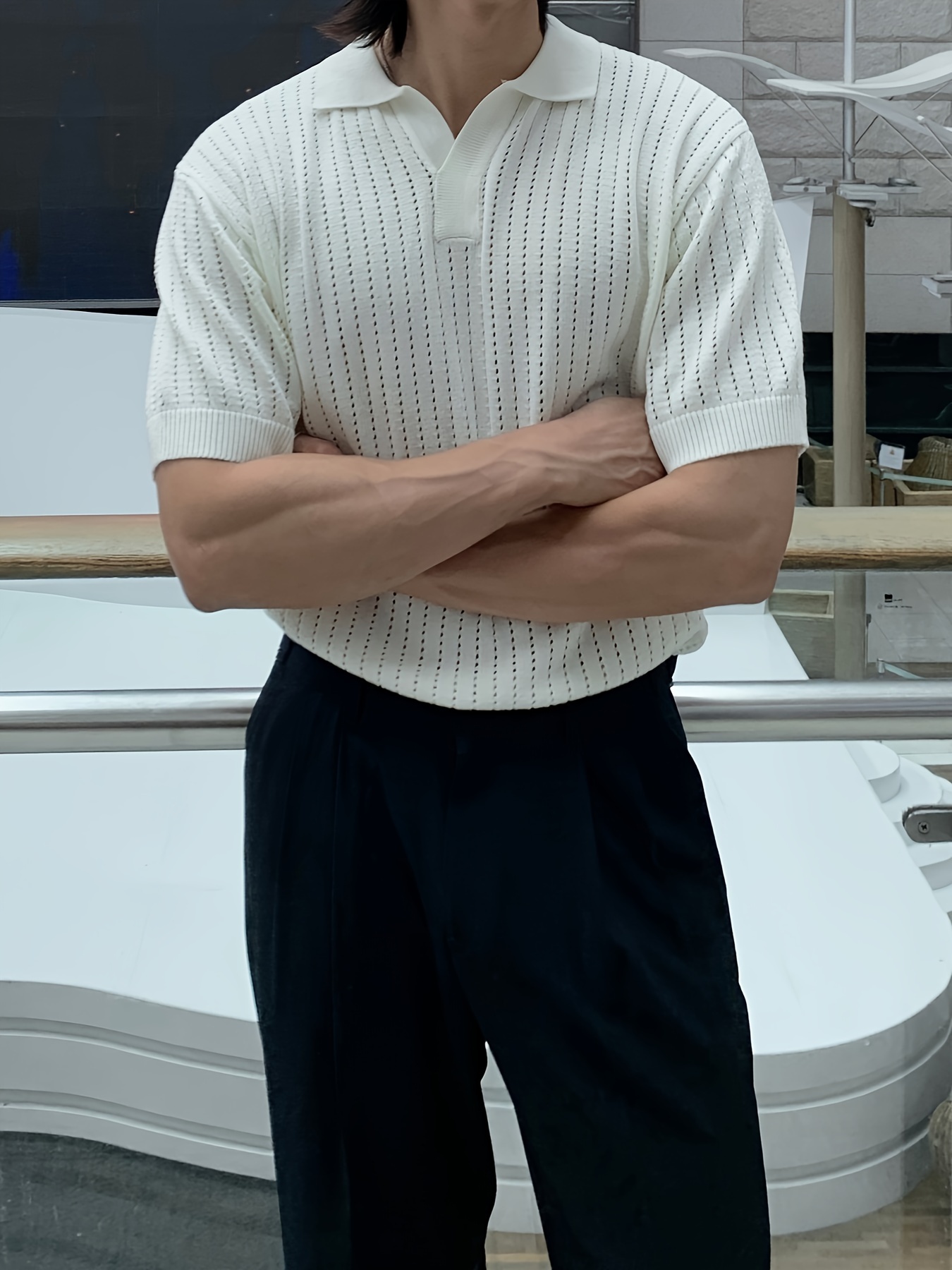 plus size mens solid knit golf shirt for summer fashion casual short sleeve shirt for males details 4