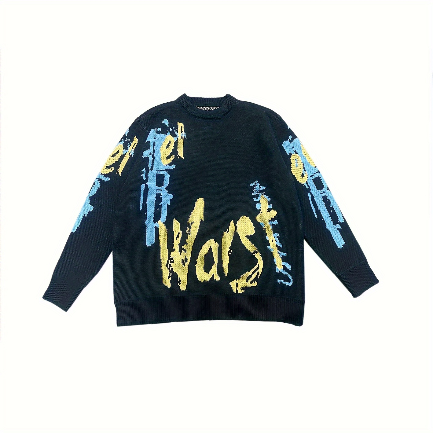 mens plus size letters print knit sweater autumn winter round neck graphic pullover details 3
