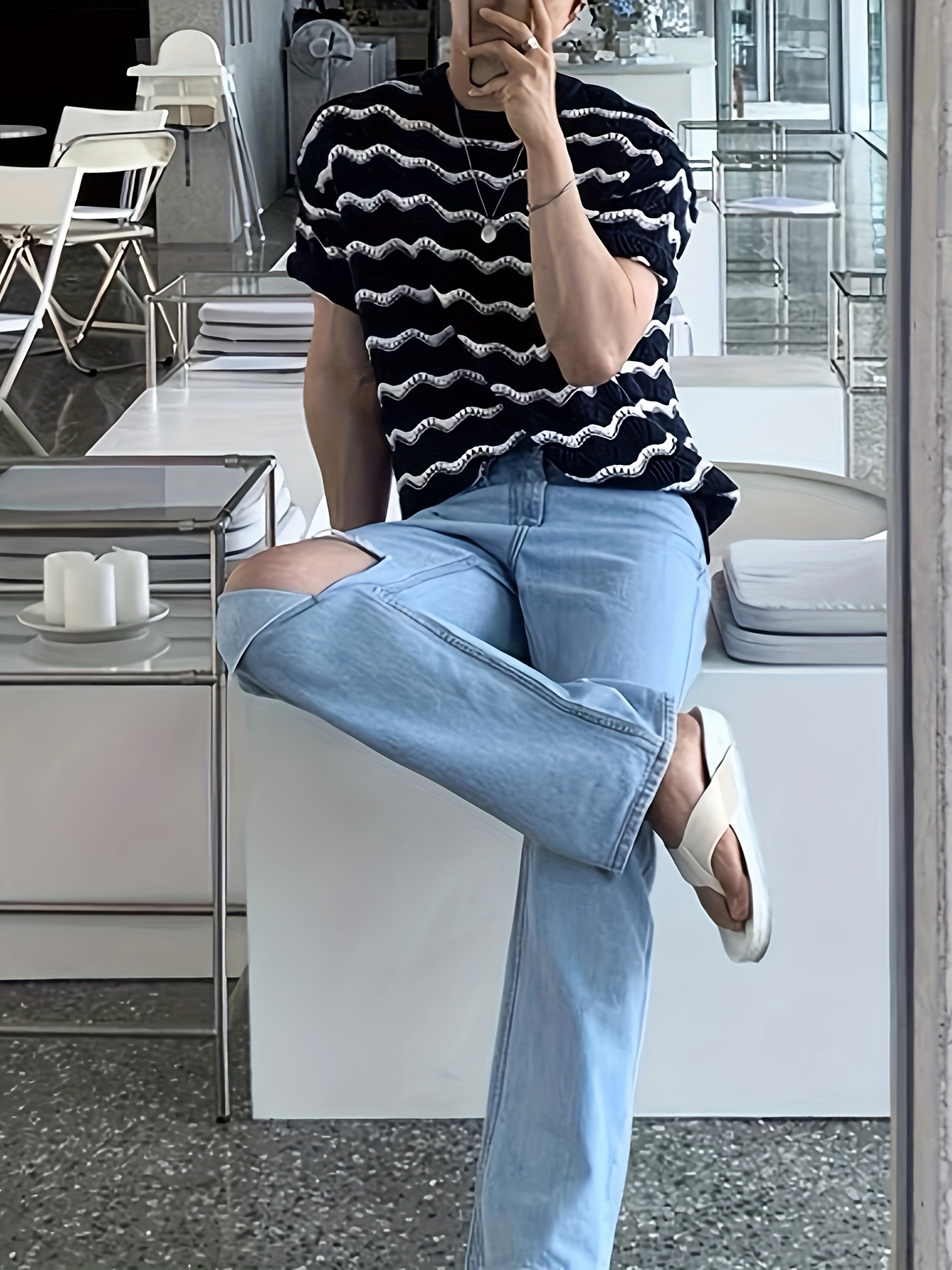 plus size mens creative wave lines pattern knit short sleeve sweater fashionable comfy top details 5