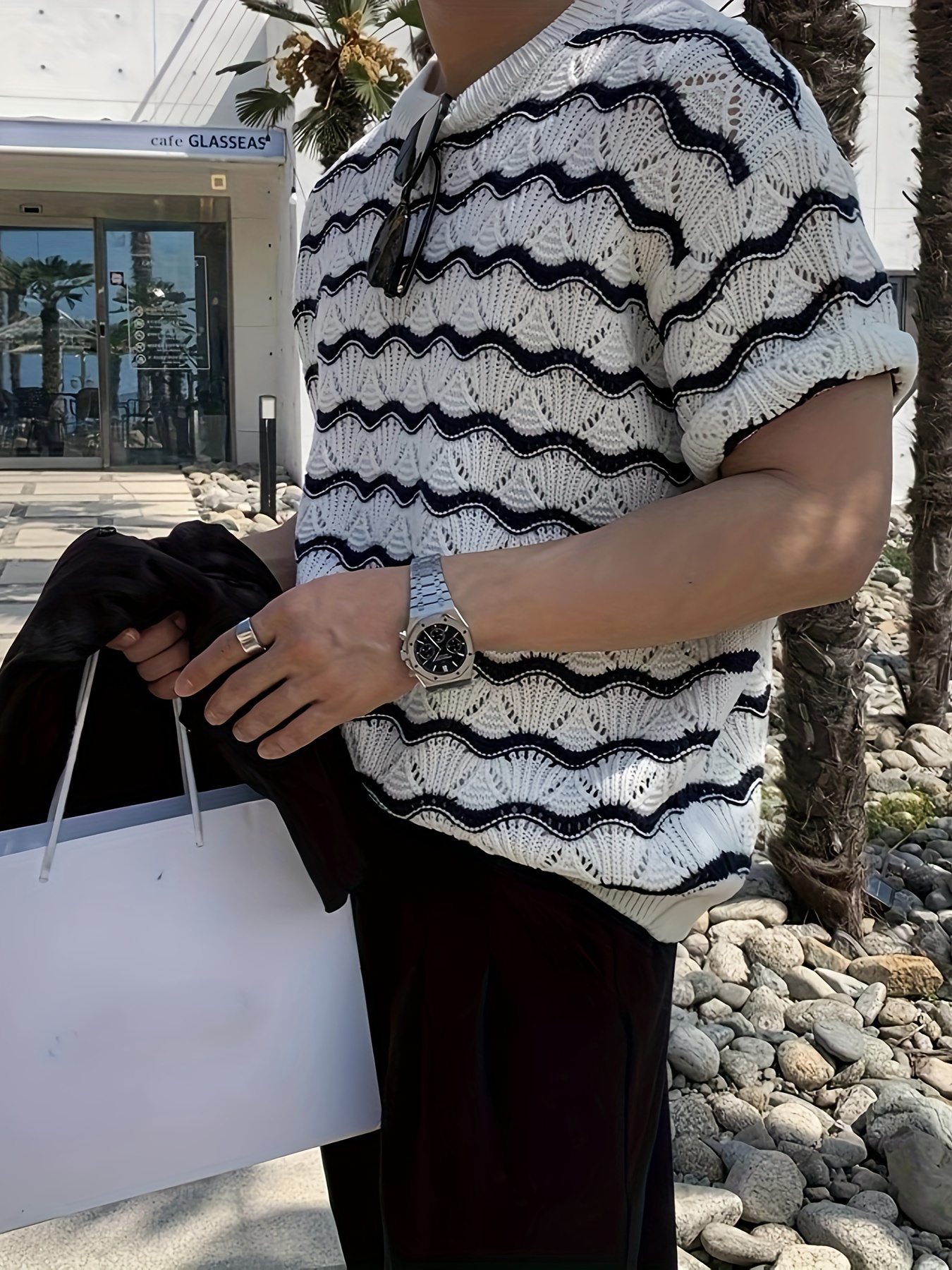 plus size mens creative wave lines pattern knit short sleeve sweater fashionable comfy top details 8