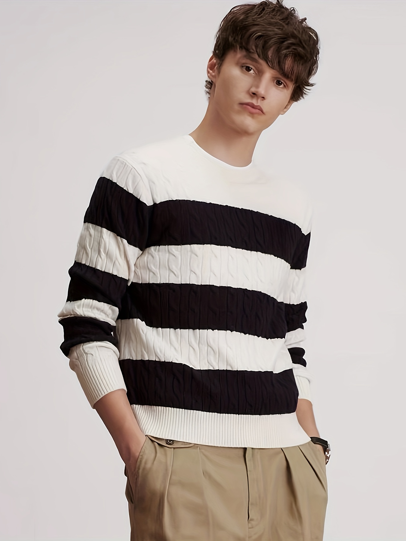 plus size mens contrast color sweater cable knit pullover for spring fall winter mens clothing details 0