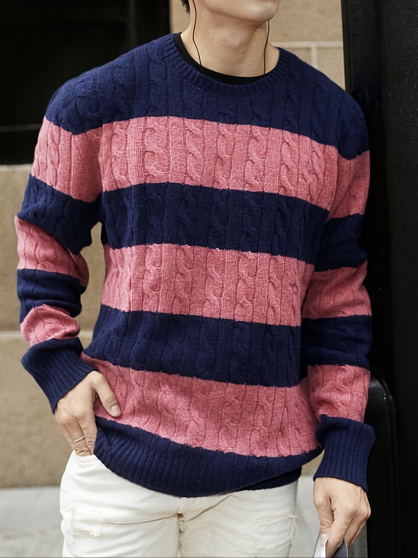 plus size mens contrast color sweater cable knit pullover for spring fall winter mens clothing details 26