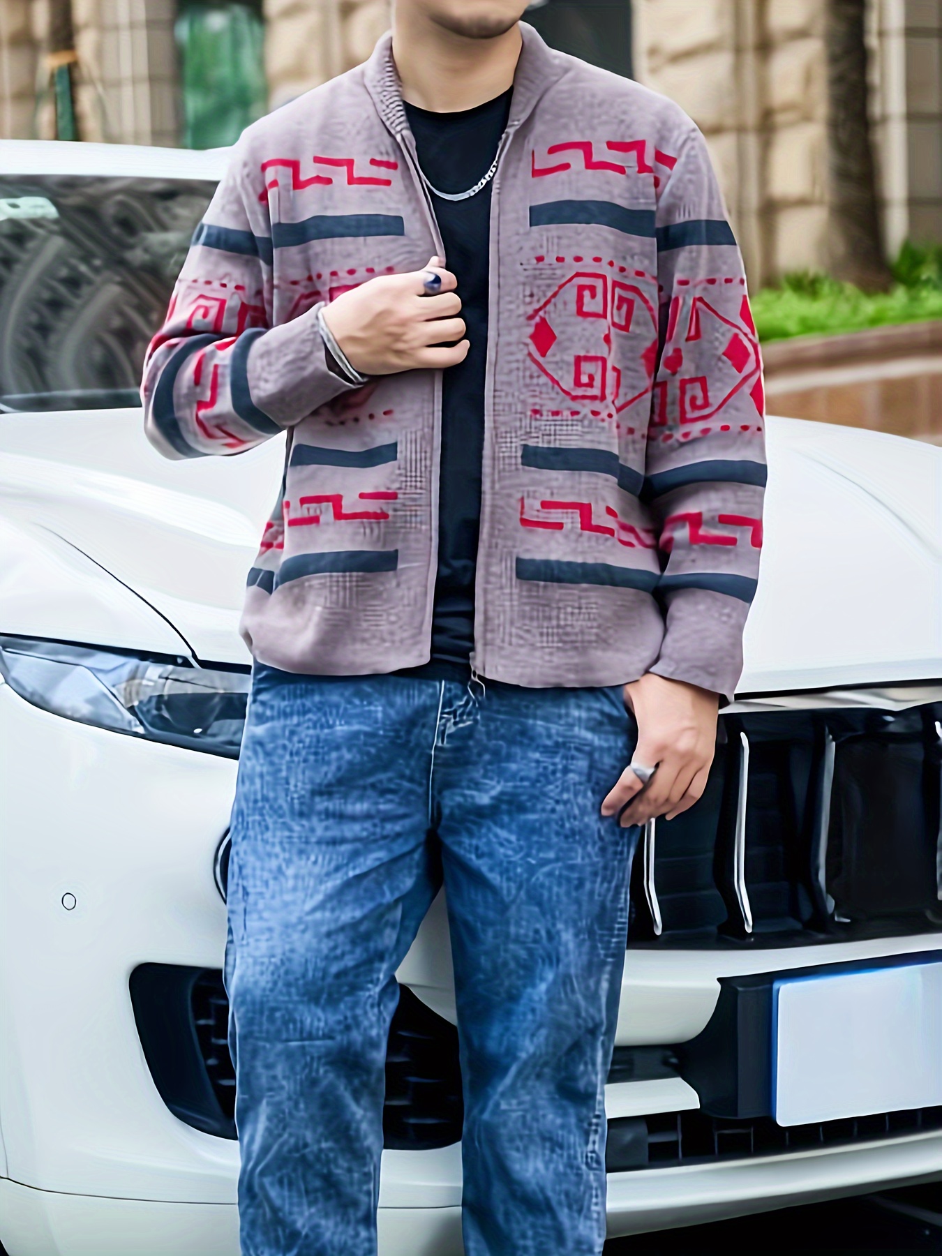 plus size mens band collar zipper cardigan color matching jacquard long sleeved sweater details 4