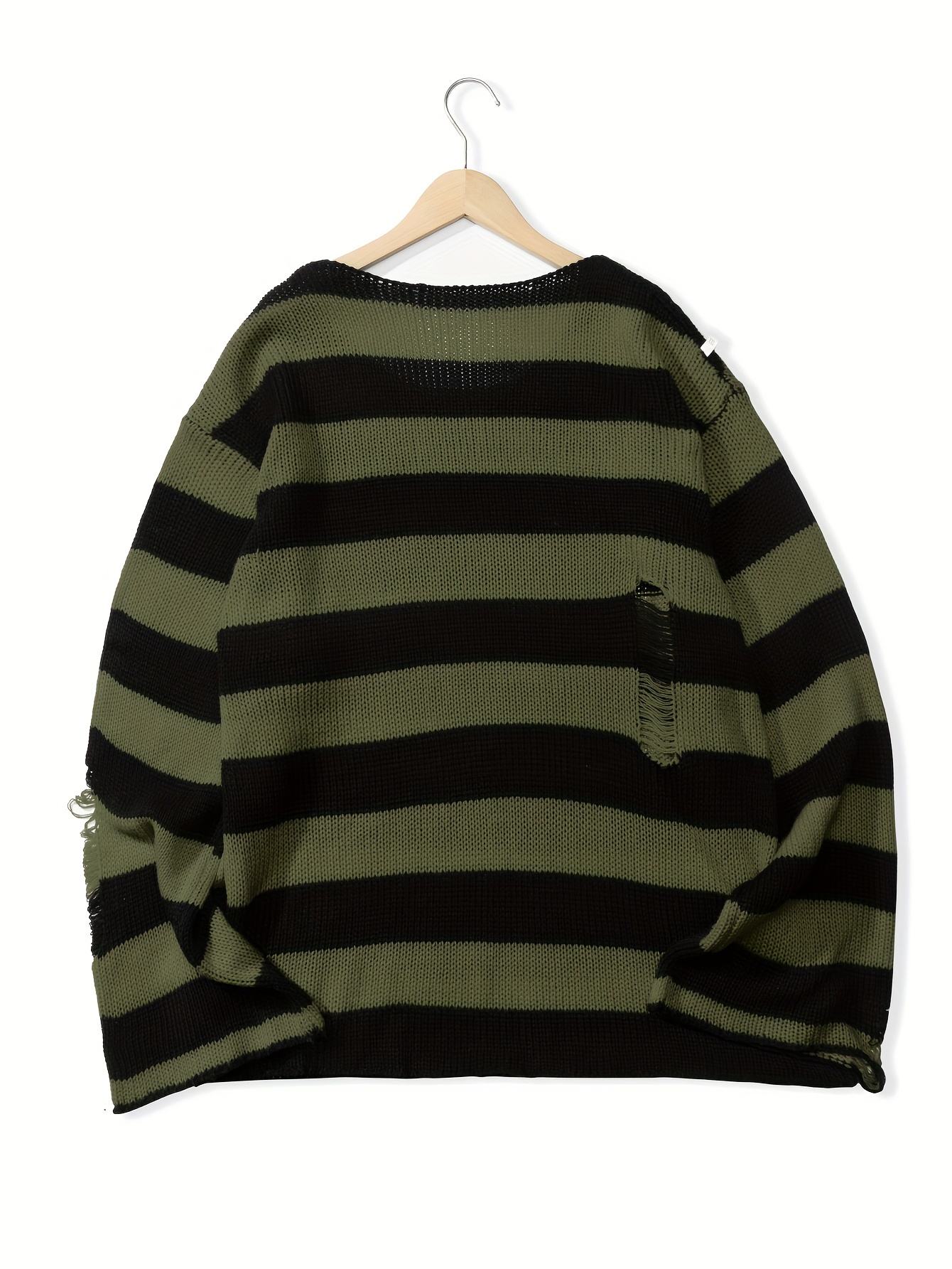 plus size mens fashion striped sweater ripped knit sweater long sleeved pullover spring autumn tops for big tall guys details 5
