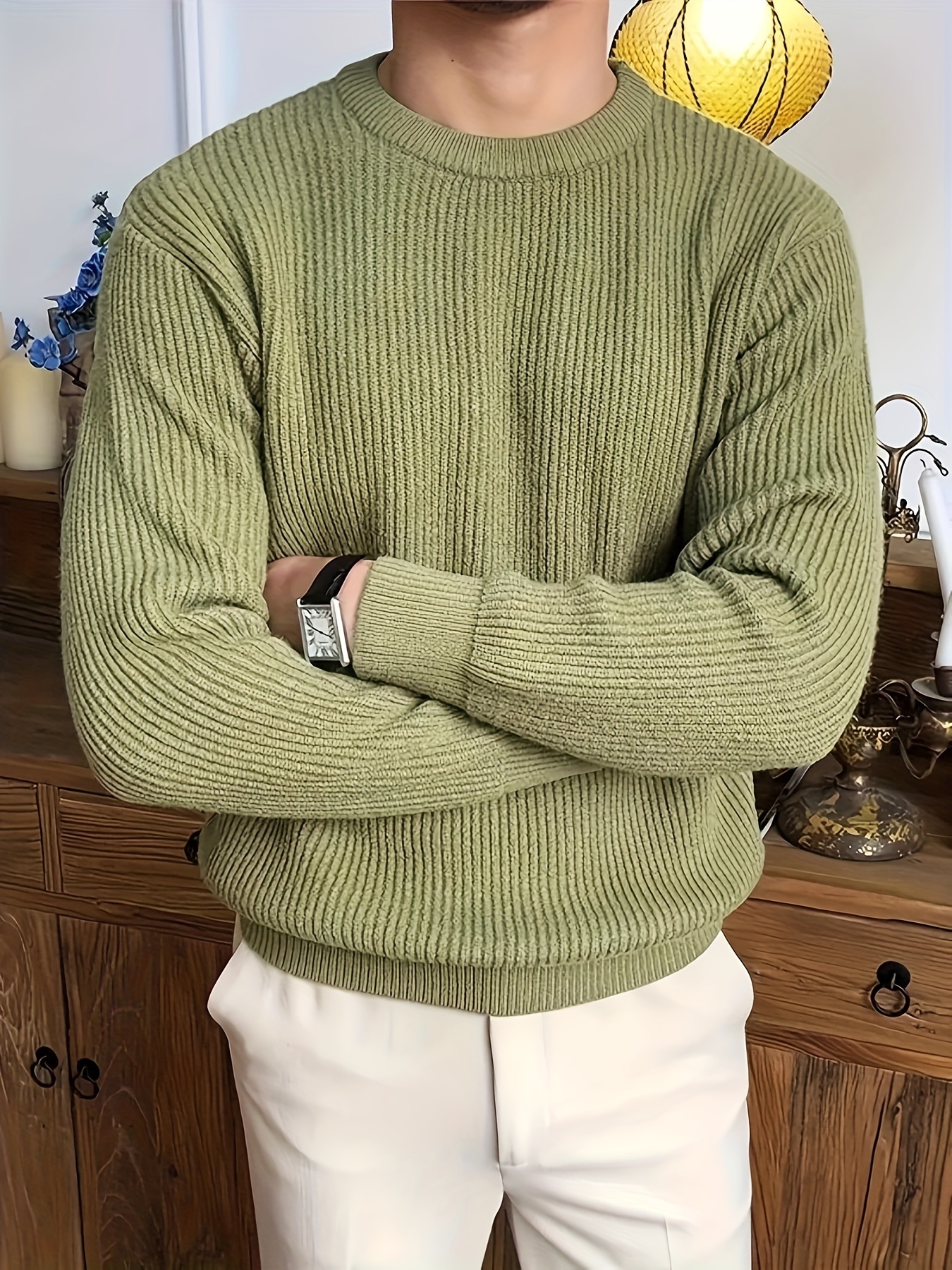 plus size mens solid textured sweater fashion casual knit pullover for spring fall winter mens clothing details 2