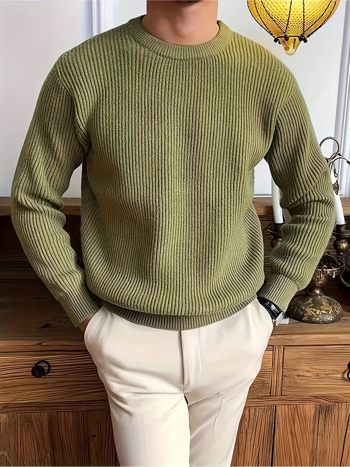 plus size mens solid textured sweater fashion casual knit pullover for spring fall winter mens clothing details 3