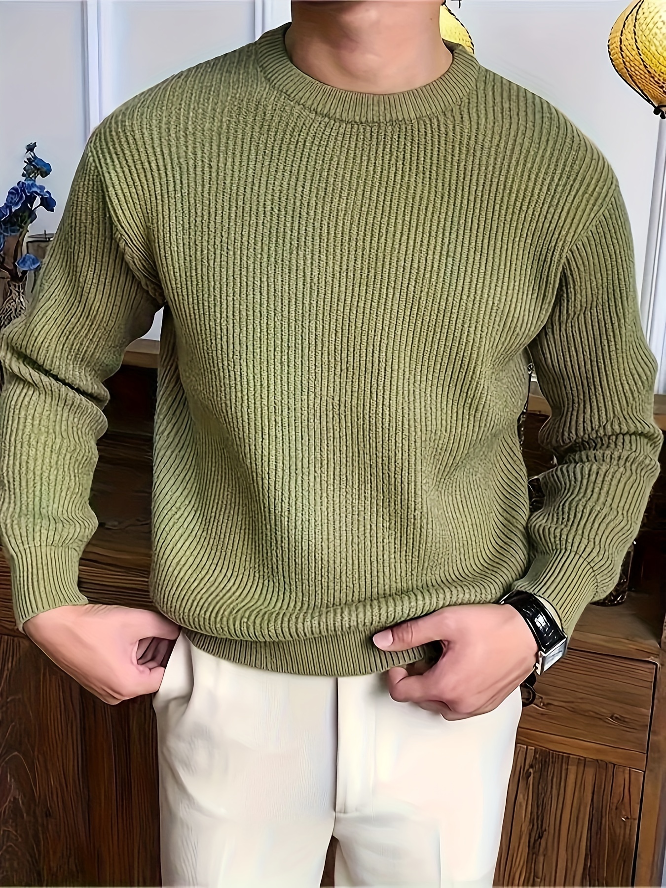 plus size mens solid textured sweater fashion casual knit pullover for spring fall winter mens clothing details 4