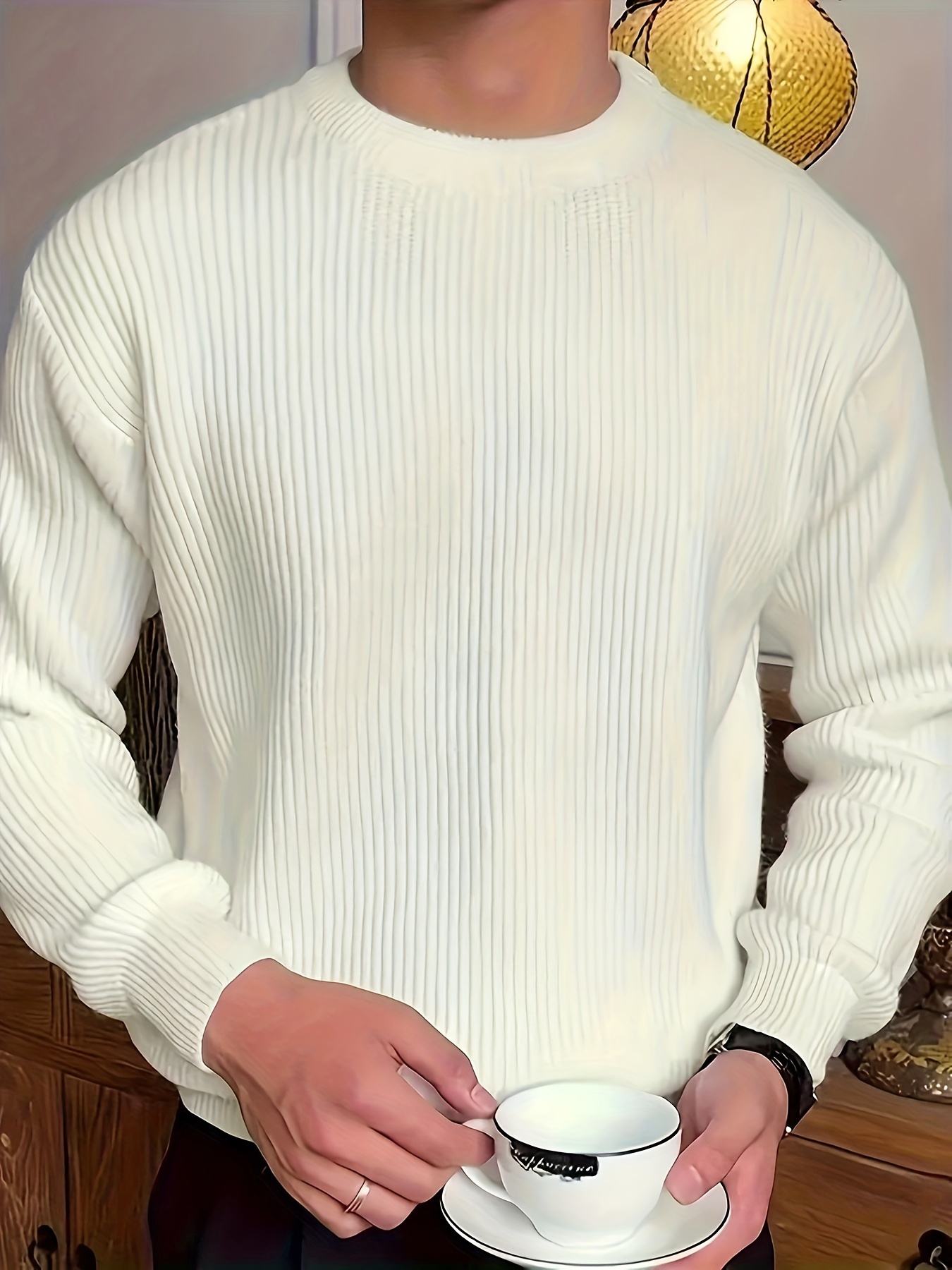 plus size mens solid textured sweater fashion casual knit pullover for spring fall winter mens clothing details 5