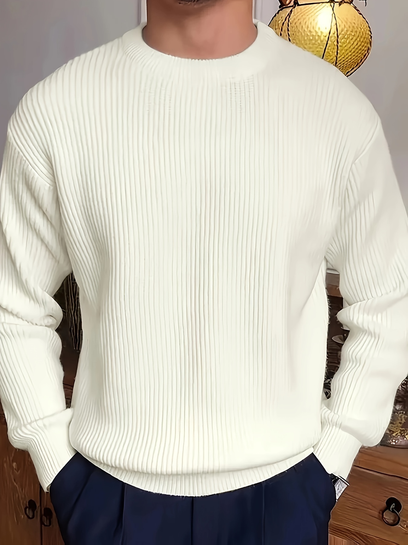 plus size mens solid textured sweater fashion casual knit pullover for spring fall winter mens clothing details 7