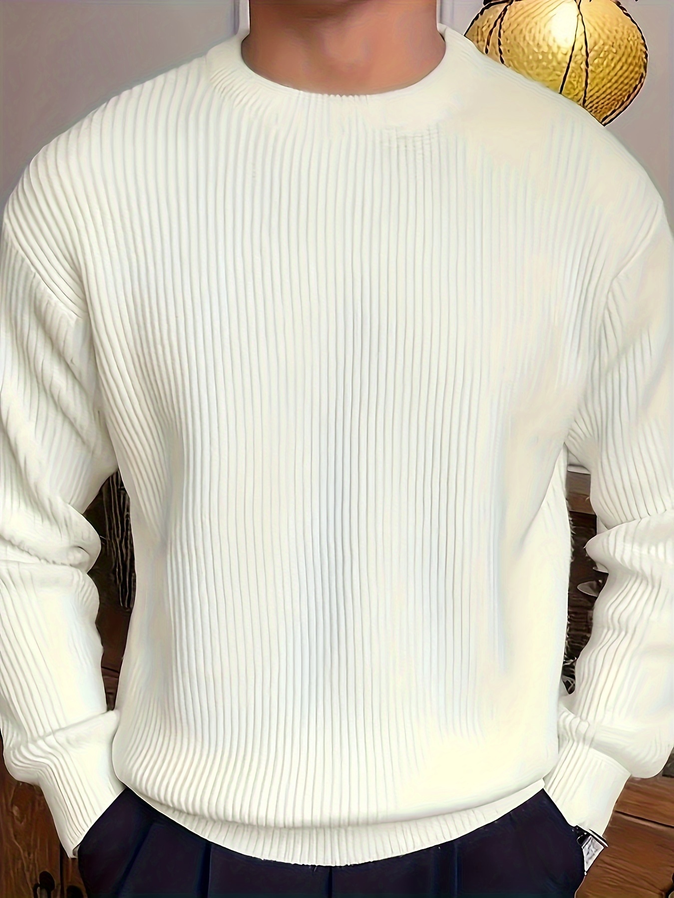 plus size mens solid textured sweater fashion casual knit pullover for spring fall winter mens clothing details 8