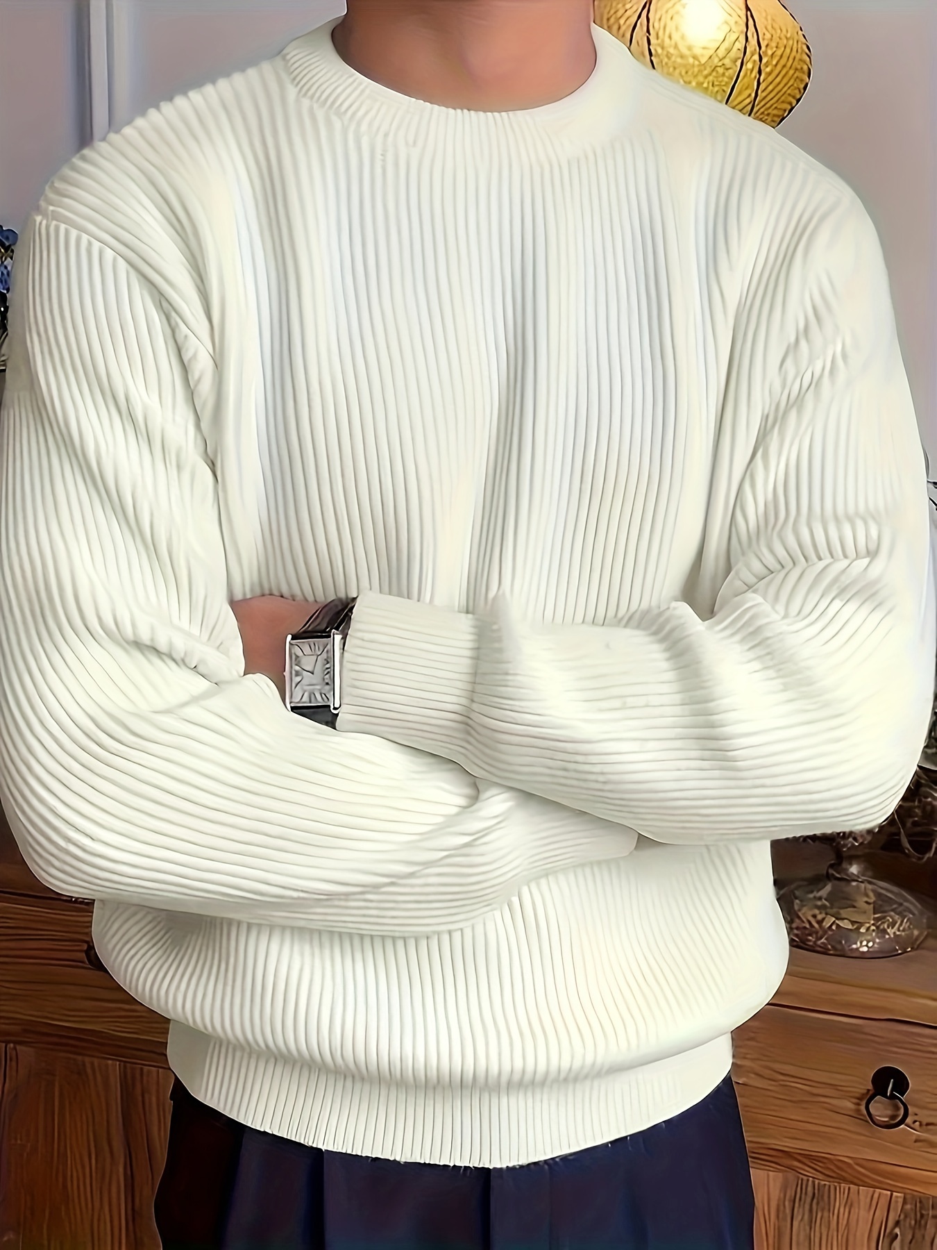 plus size mens solid textured sweater fashion casual knit pullover for spring fall winter mens clothing details 9