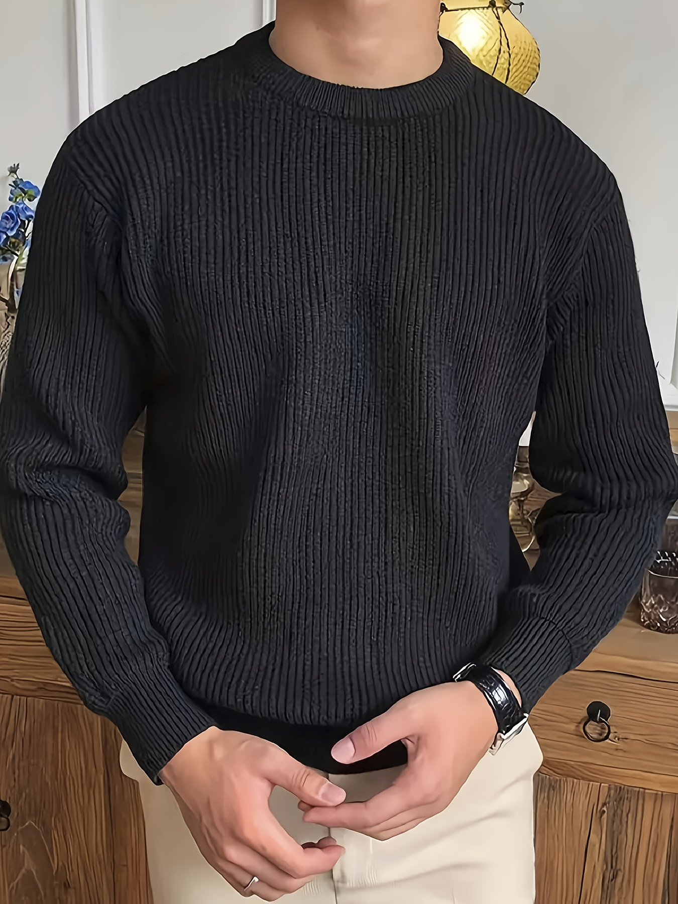 plus size mens solid textured sweater fashion casual knit pullover for spring fall winter mens clothing details 14