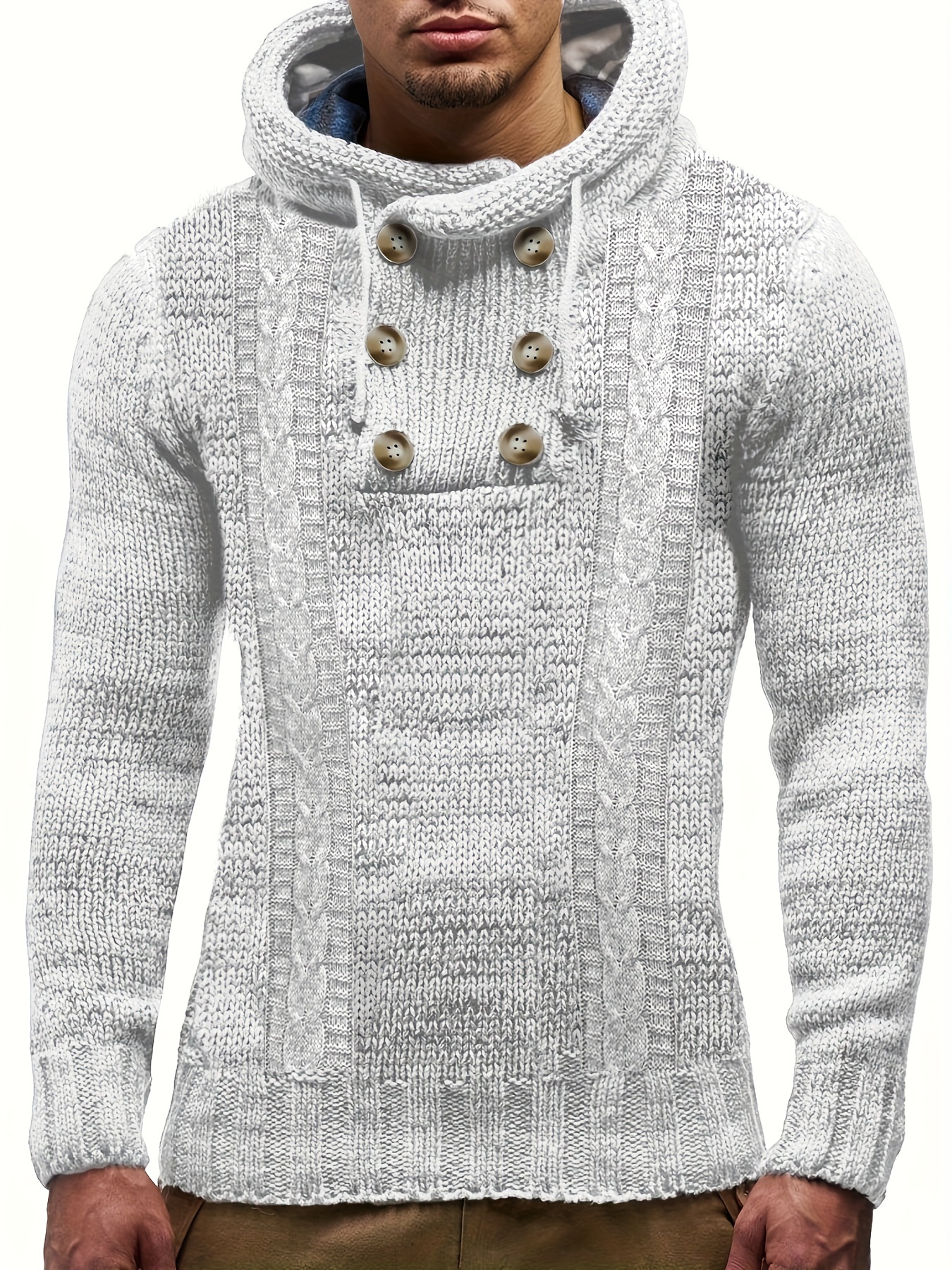 plus size mens cable knit solid hooded sweater for spring autumn details 0