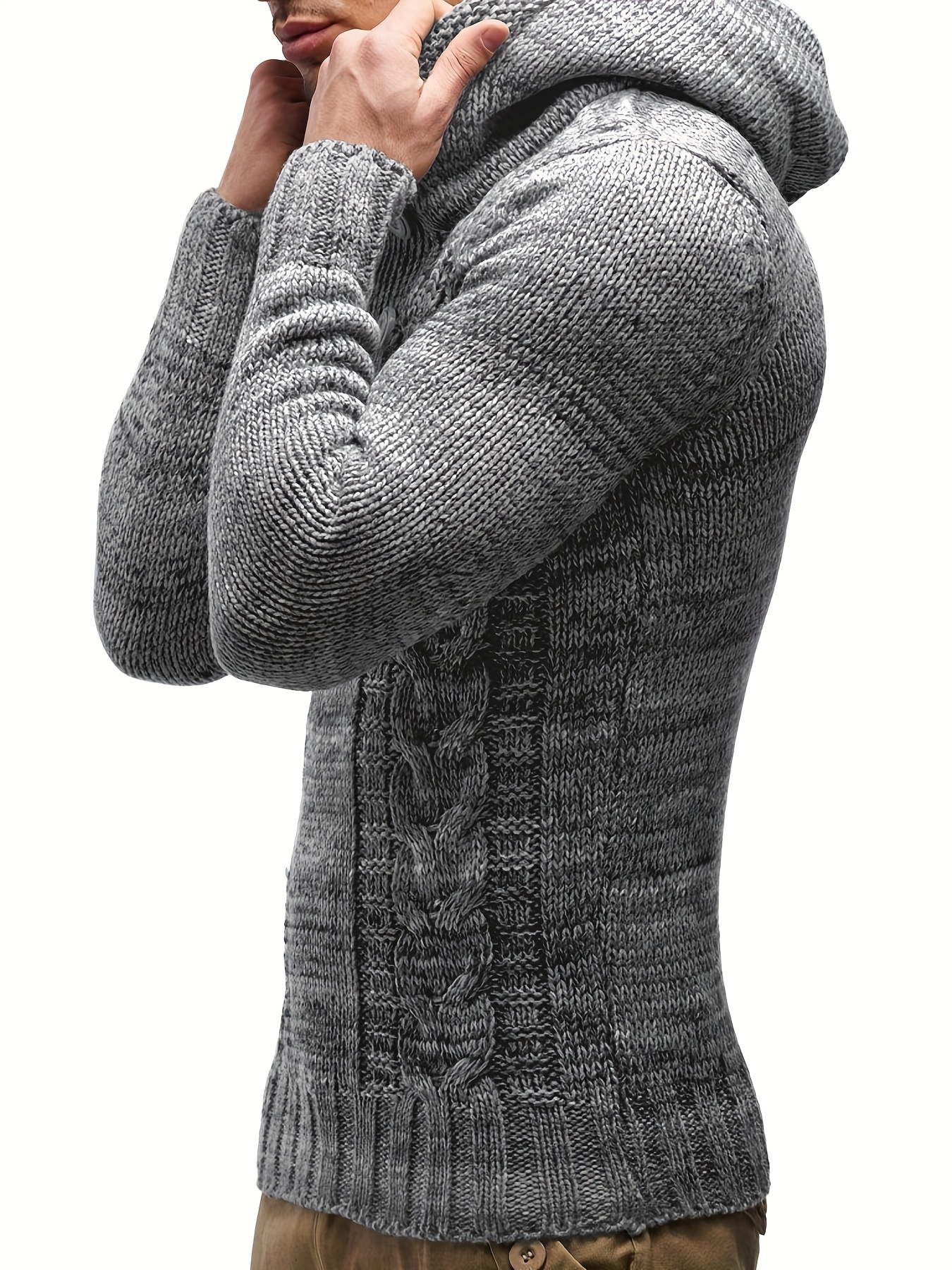 plus size mens cable knit solid hooded sweater for spring autumn details 12
