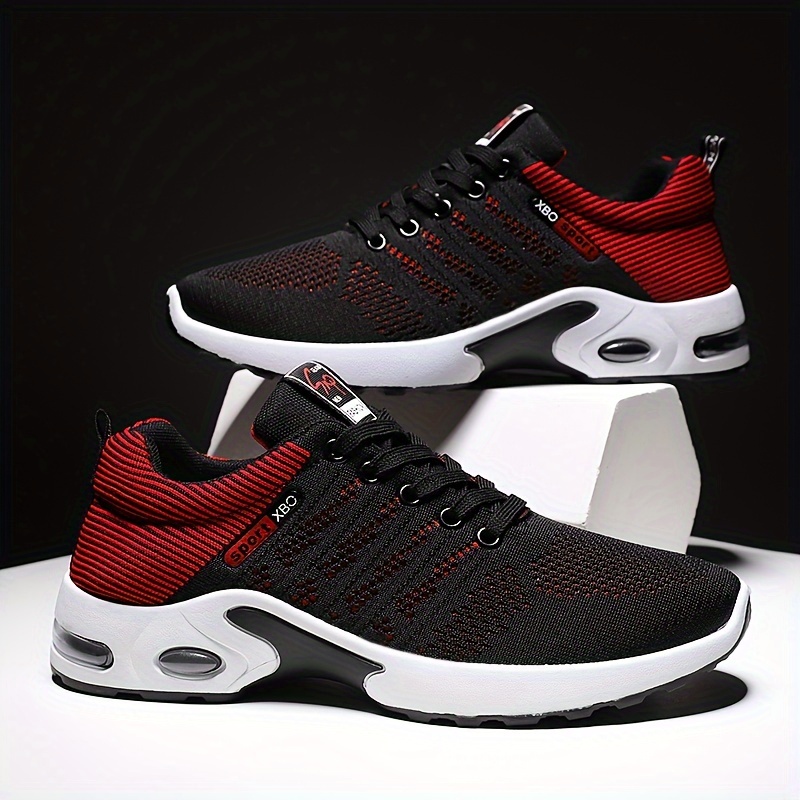 mens trendy woven knit breathable sneakers with air cushion comfy non slip lace up durable shoes for mens outdoor activities details 0
