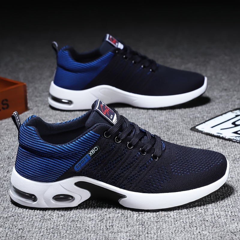 mens trendy woven knit breathable sneakers with air cushion comfy non slip lace up durable shoes for mens outdoor activities details 2